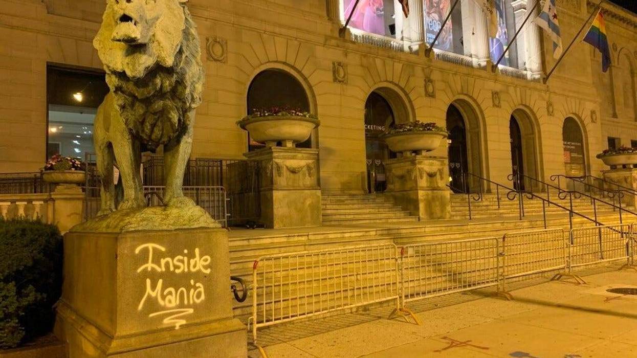 The Art Institute of Chicago’s North Lion seen vandalized June 25, 2020.