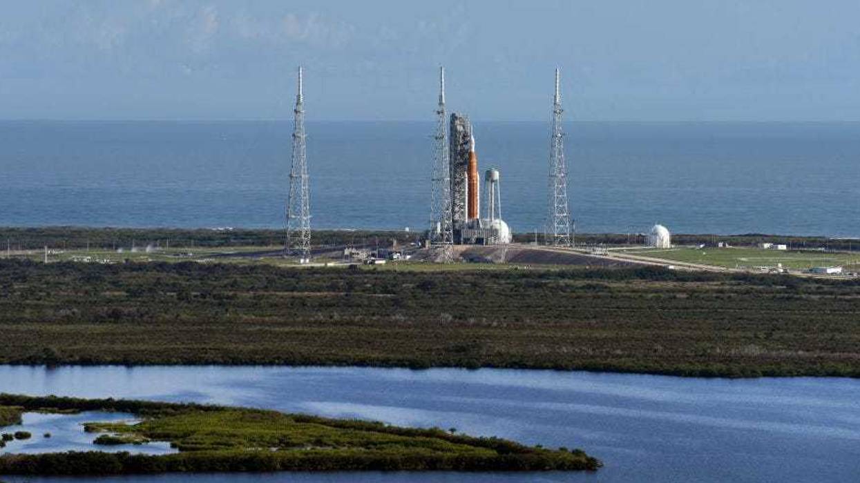 The Artemis 1 moon rocket and the Orion spacecraft poised on Launch Pad 39B November 15, 2022 as the countdown for the third launch attempt continues at the Kennedy Space Center in Cape Canaveral, Florida.
