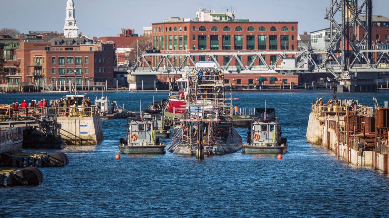 The attack submarine USS Hampton enters Dry Dock 1 at Portsmouth Naval Shipyard, Maine, March 8, 2025.