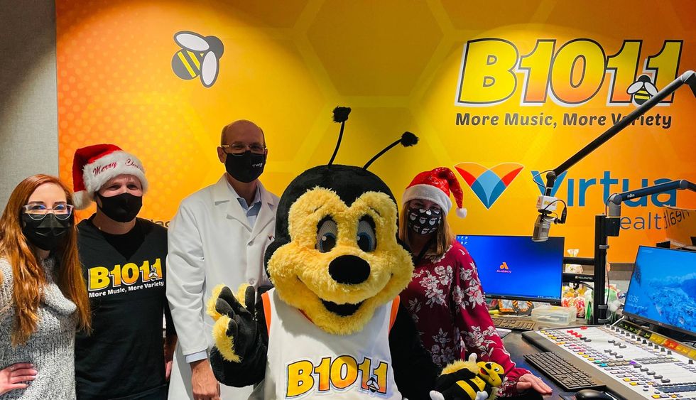 The B101.1 Morning Show was there to support Buzzbee! (From Left to Right: Producer Laura Boss, Bill Tafrow, Dr. John Matsinger, Buzzbee, and Jenn Ryan)