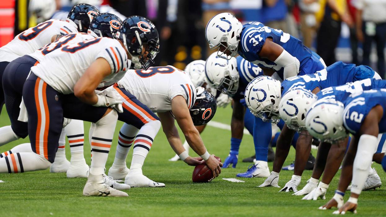 The Bears and Colts line up on a field-goal attempt.