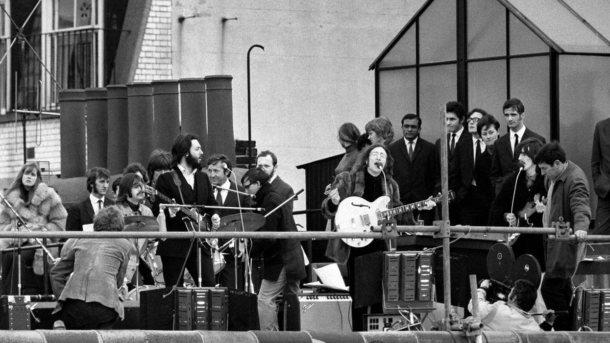 The Beatles play their final live performance on the roof of Apple Corps headquarters, January 30, 1969 in London