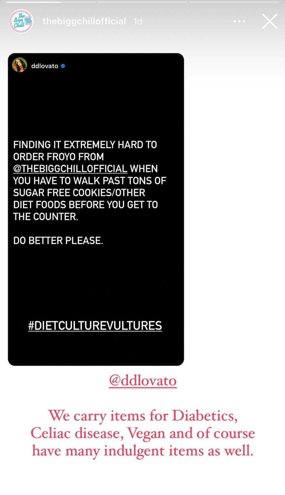 The Bigg Chill IG story response to Demi Lovato