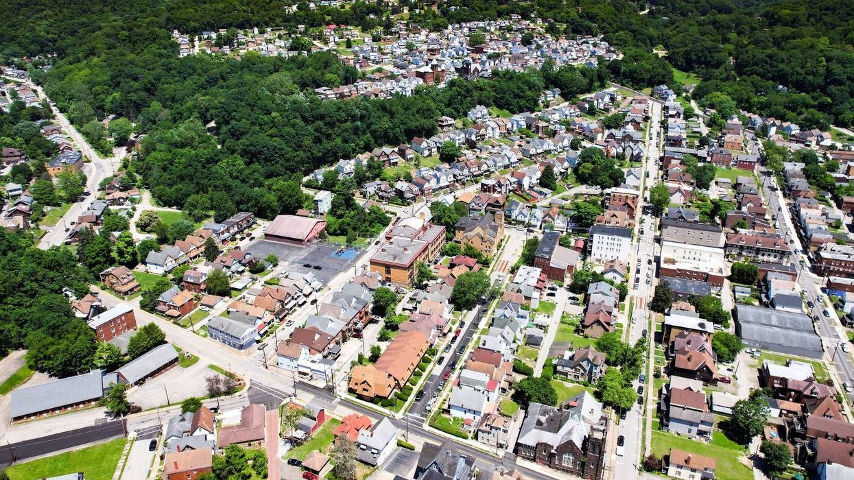 The bird's eye view of the residential area surrounded by green vegetation. Pittsburgh, Pennsylvania.