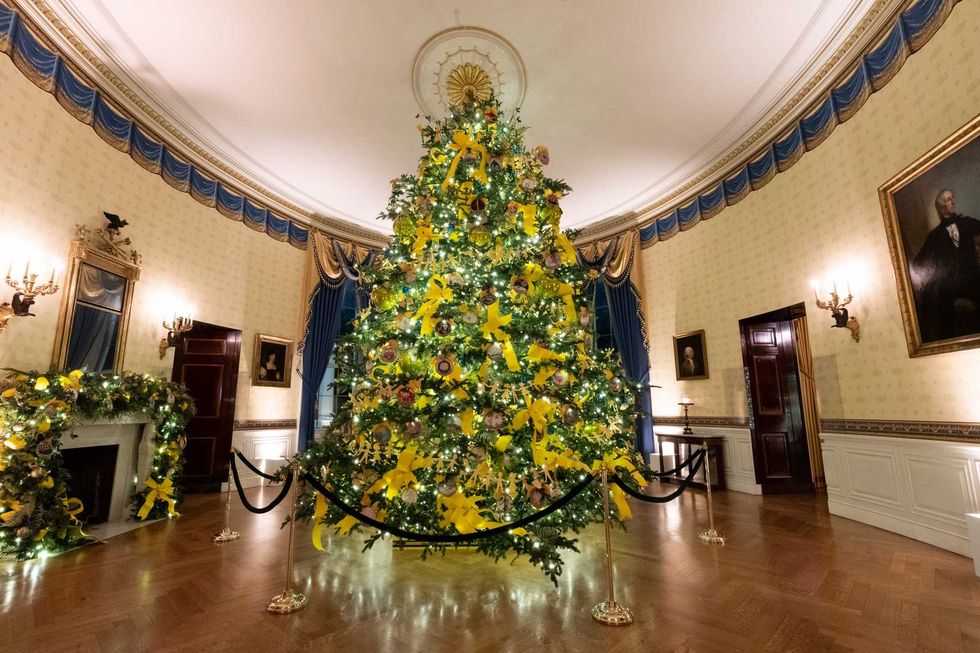 The Blue Room of the White House is decorated for the Christmas season Sunday, Nov. 29, 2020.