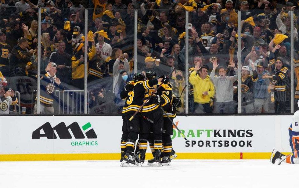 The Boston Bruins celebrate a goal
