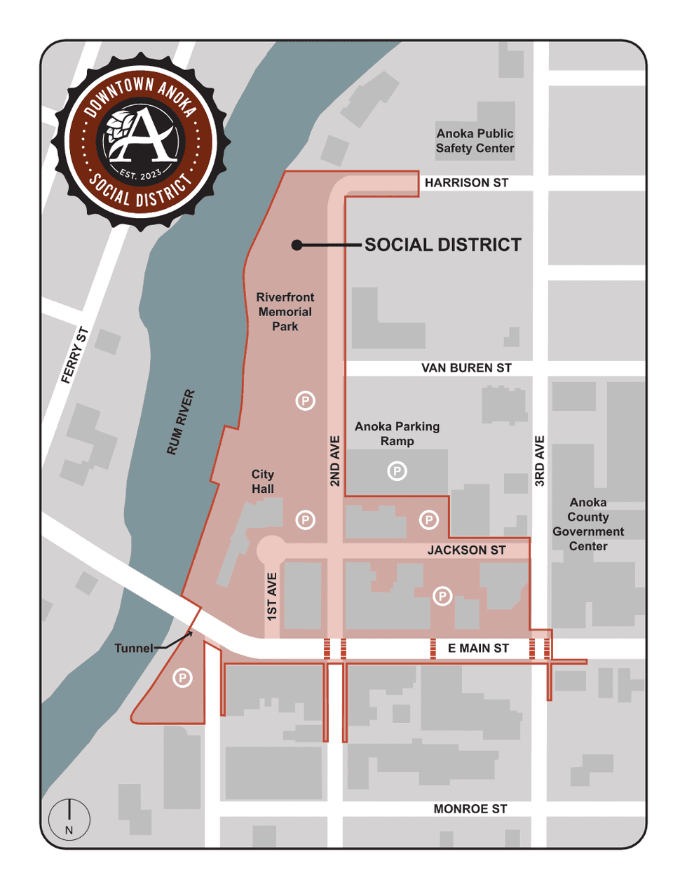 The boundaries of the Anoka Social District in 2025.