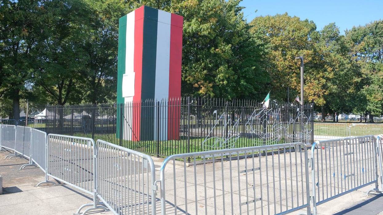 The boxed Christopher Columbus statue in Marconi Plaza.