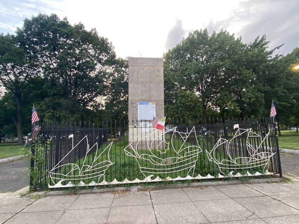 The boxed-up Christopher Columbus statue in South Philadelphia.