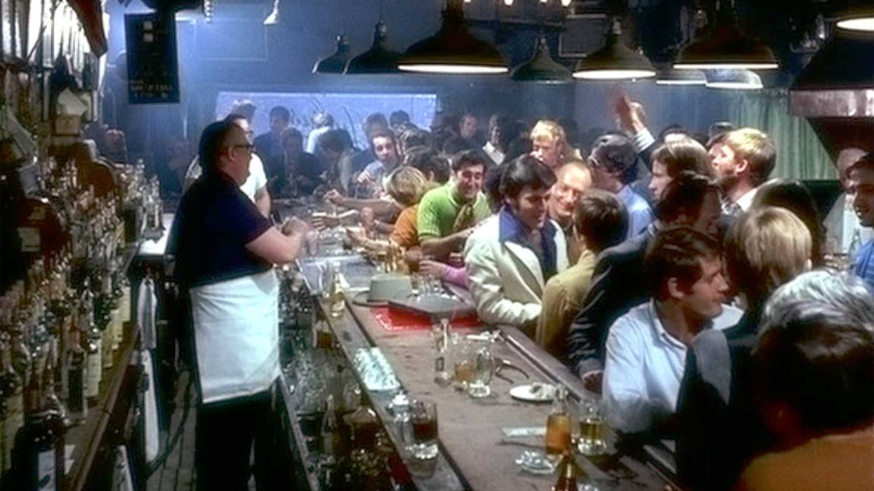 THE BOYS IN THE BAND, theatrical movie originally released March 17, 1970. Screenplay by Mart Crowley, film directed by William Friedkin. Pictured, the interior of Julius bar, at 159 West 10th Street, New York, NY. Frame grab.
