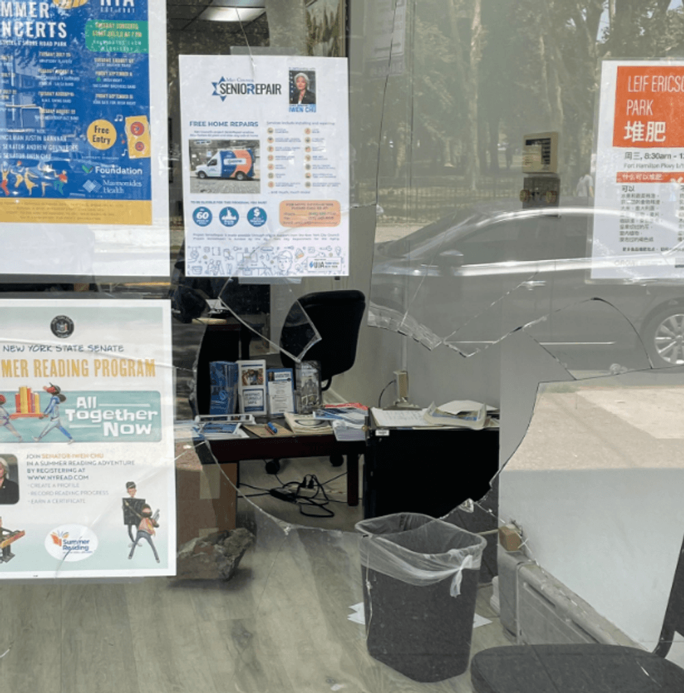 The broken glass at the office.