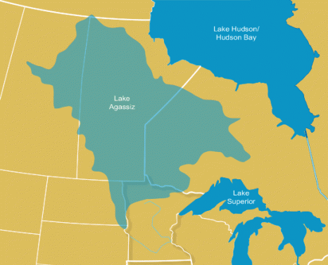The bulk of Lake Agassiz juxtaposed with the modern Great Lakes and state/national borders.