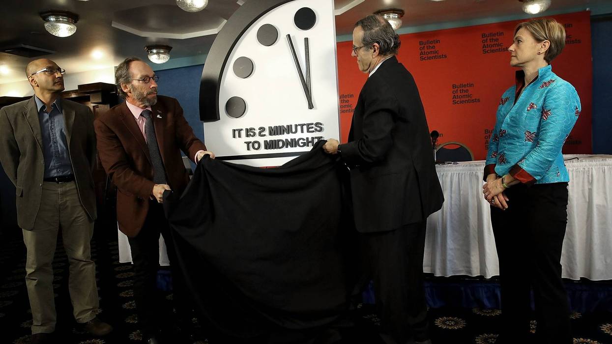 The Bulletin of the Atomic Scientists unveil the 2018 "Doomsday Clock" on January 25, 2018 in Washington, D.C. In 2021, the clock is now at 100 seconds to midnight.