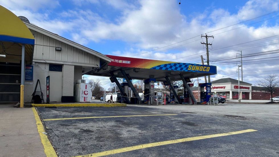 The canopy at this Sunoco on Chester Pike in Sharon Hill, Delaware County, is leaning dangerously after high winds on Sunday destabilized it.