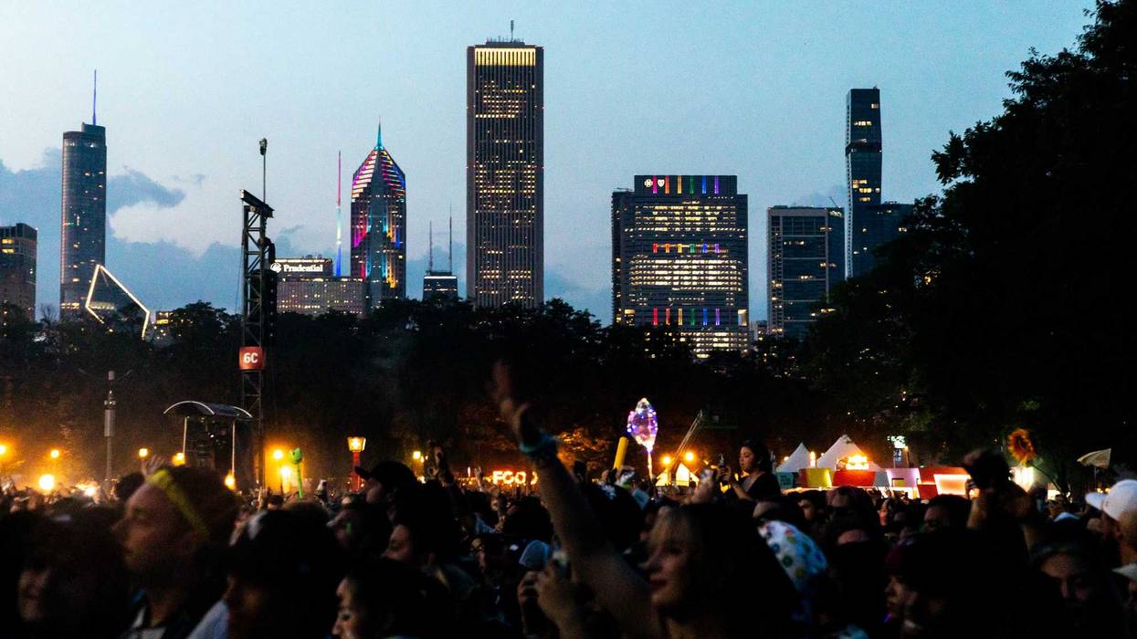 The Chicago skyscape is seen over the Lollapalooza crowds at Grant Park on Aug. 3, 2024.