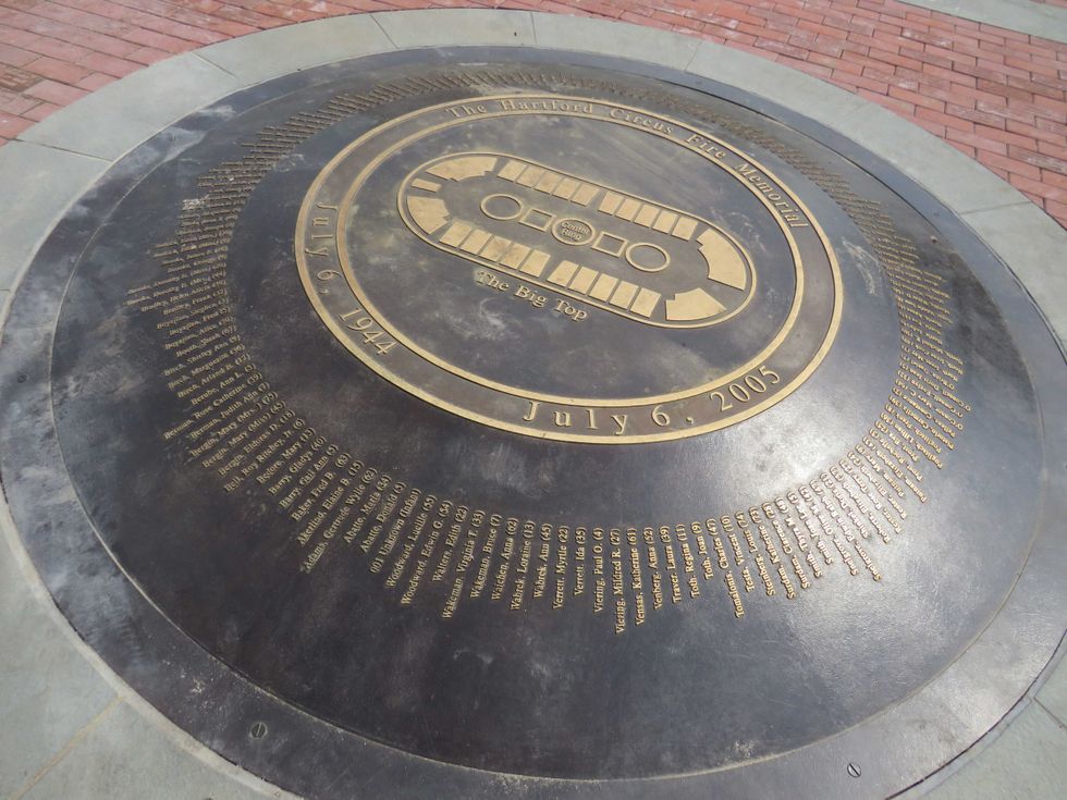 The Circus Fire Memorial, which sits on the site of the Barnum & Bailey center ring the day the big top burned in 1944, 7/6/21.