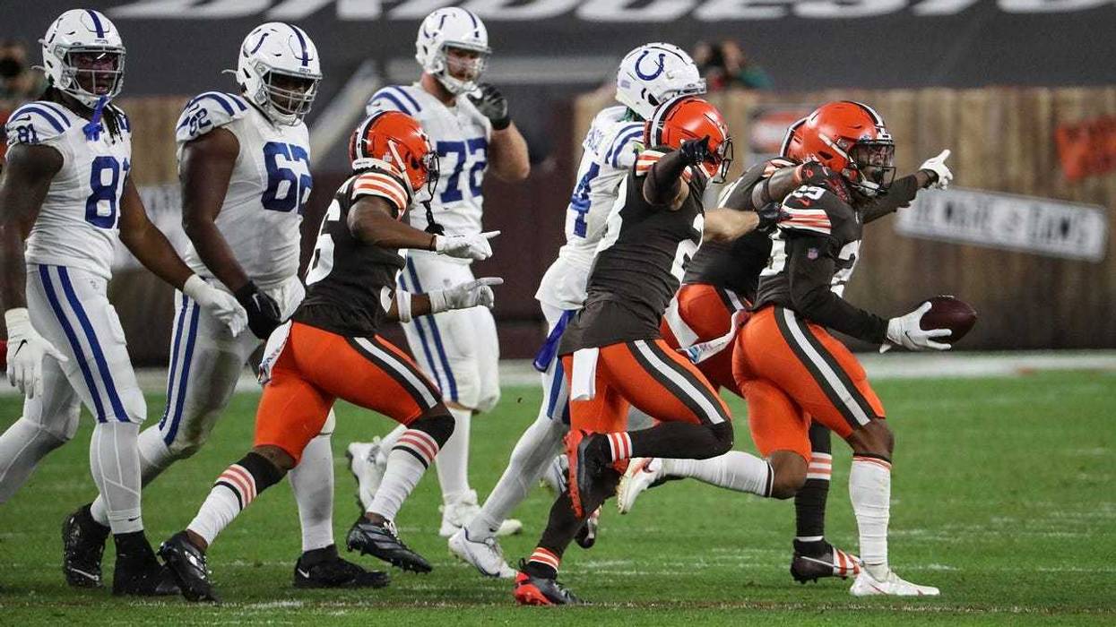 The Cleveland Browns celebrate an interception during the fourth quarter of the NFL week 5 game at First Energy Stadium in Cleveland, Ohio, on Sunday, Oct. 11, 2020. The Browns won, 32-23.
