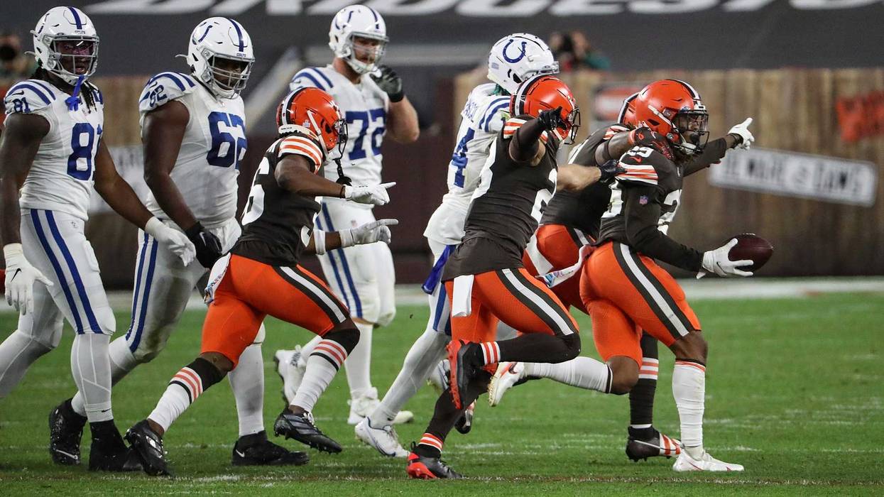 The Cleveland Browns celebrate an interception during the fourth quarter of the NFL week 5 game at First Energy Stadium in Cleveland, Ohio, on Sunday, Oct. 11, 2020. The Browns won, 32-23. Indianapolis Colts At Browns At First Energy Stadium In Nfl Week 5