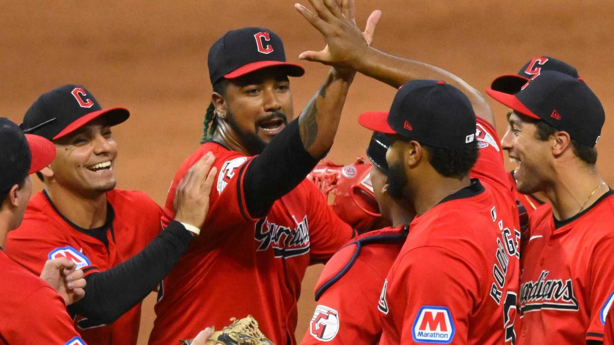 The Cleveland Guardians celebrate a win over the New York Mets at Progressive Field.