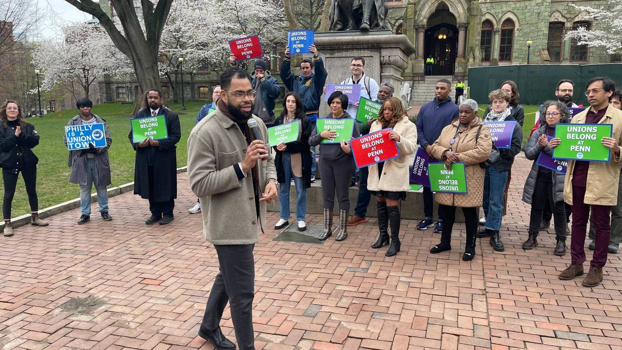 The Coalition of Workers at Penn rallied with elected officials on Penn’s campus on March 28, 2024, ahead of the graduate student worker union vote. State Rep. Rick Krajewski addressed the crowd.