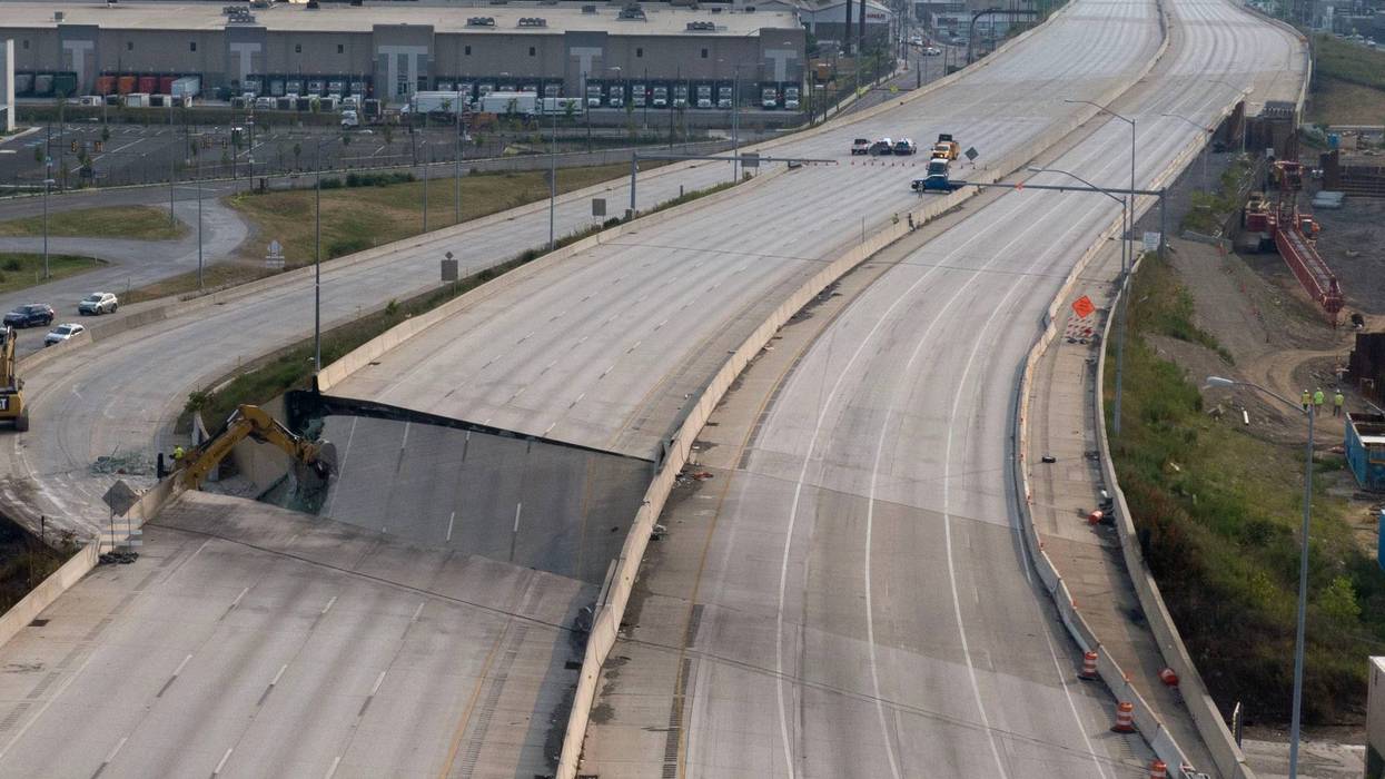 The collapsed portion of I-95 over Cottman Avenue in Northeast Philadelphia on June 11, 2023. A vehicle fire under the overpass caused the collapse.