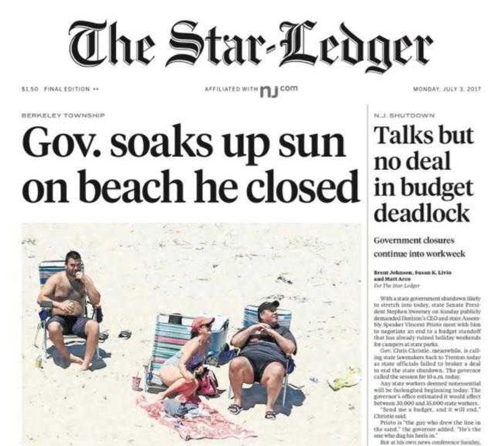The cover of the Star-Ledger in 2017 shows then-Gov. Chris Christie on a beach, when he had closed state parks. The photo was taken by NJ.com.