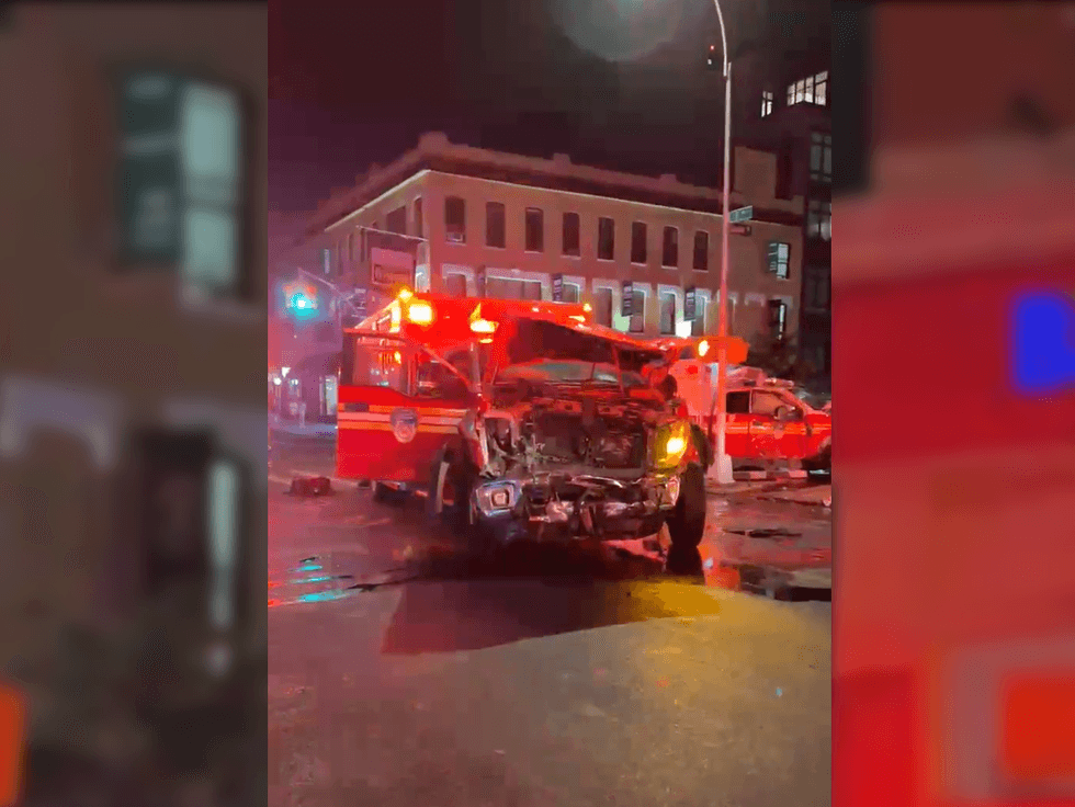 The crash left heavy damage to the front of the two FDNY ambulances