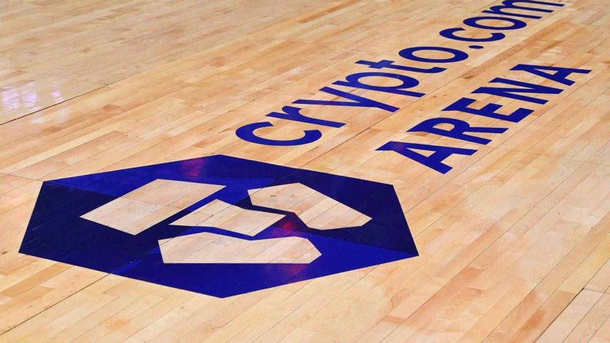 The Crypto.com Arena sign on the court during an NBA game between the Memphis Grizzlies and the Los Angeles Clippers on January 8, 2022, at Crypto.com Arena in Los Angeles.
