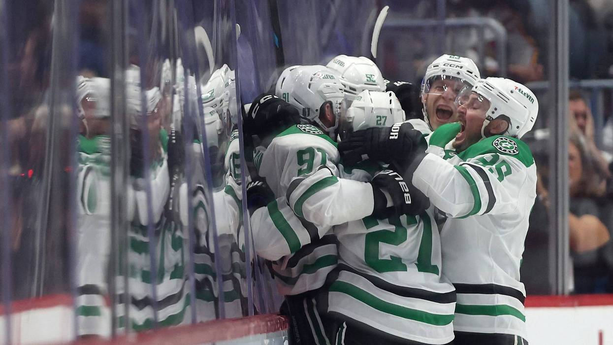 The Dallas Stars celebrate an overtime win after a goal by Tyler Seguin #91 against the Colorado Avalanche in Game Three of the First Round of the 2025 Stanley Cup Playoffs at Ball Arena on April 23, 2025, in Denver, Colorado.