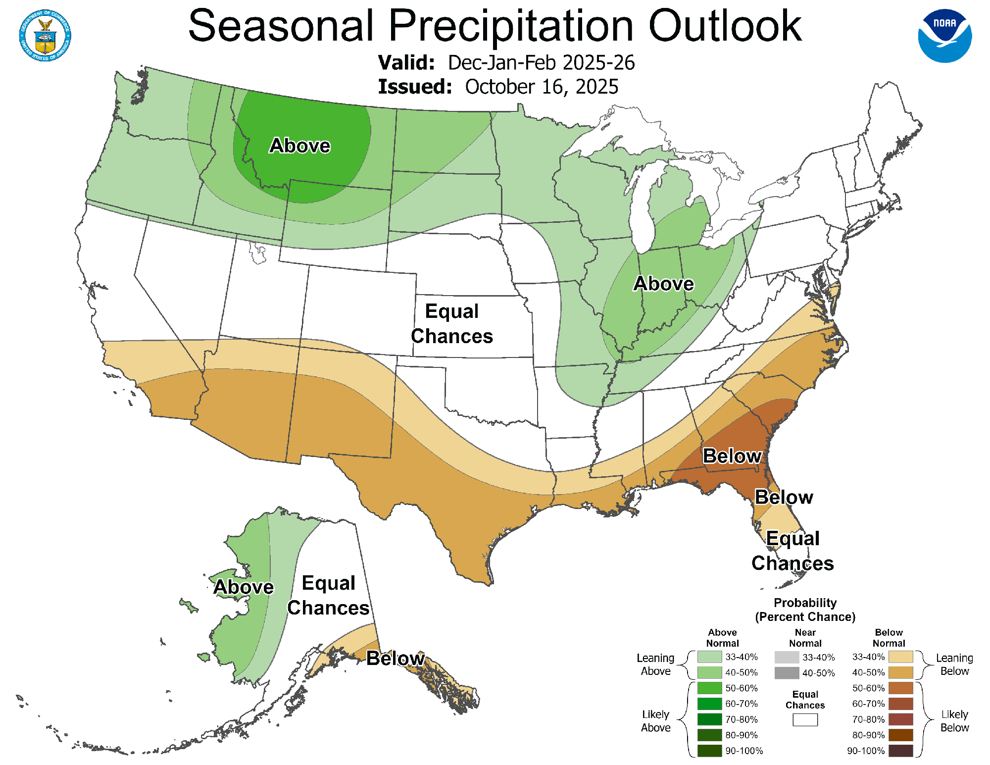 The December-February outlook from NOAA shows above normal precipitation chances in the Upper Midwest, Great Lakes, Ohio Valley, northern Rockies and Pacific Northwest.