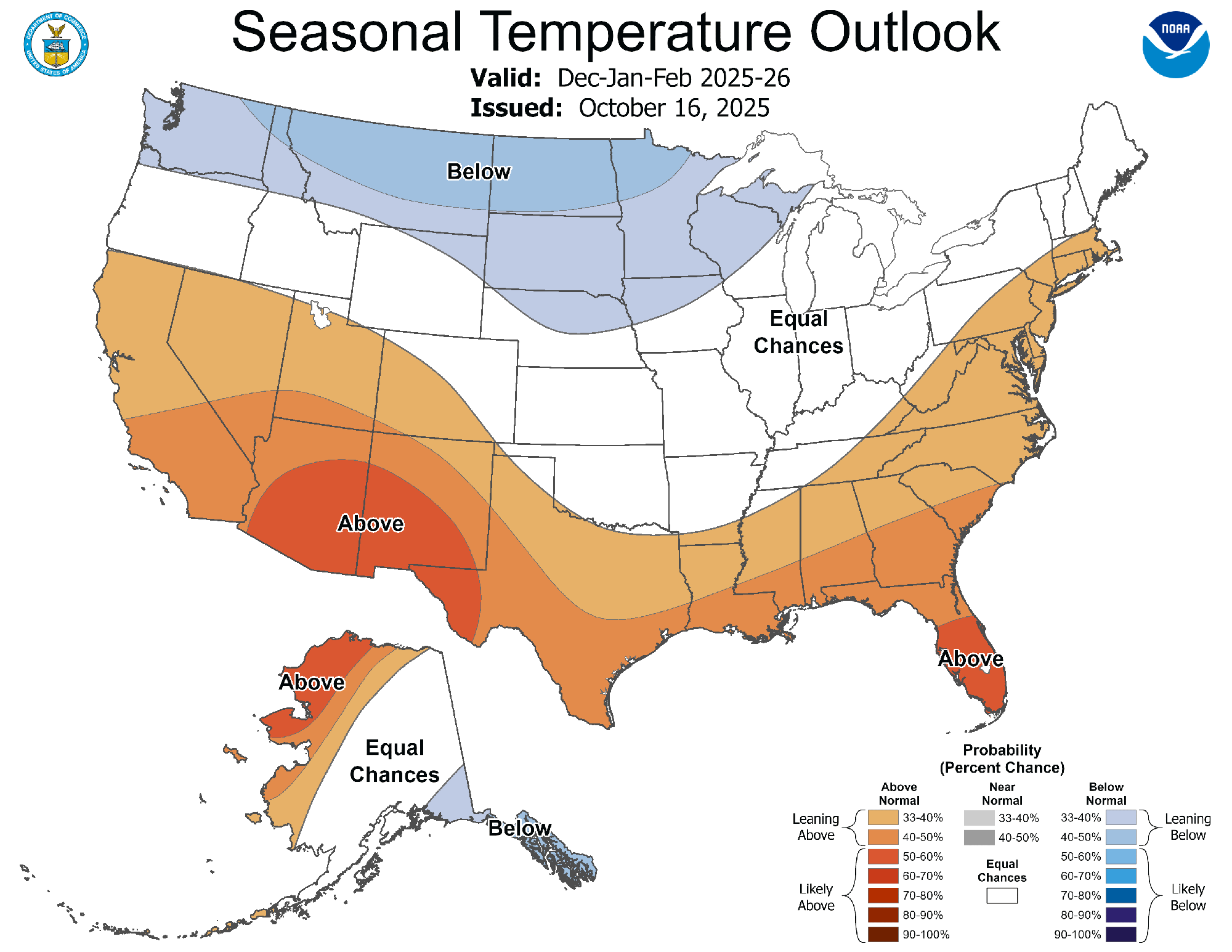 The December-February outlook from NOAA shows below normal temperatures in the Upper Midwest, northern Rockies and Pacific Northwest.