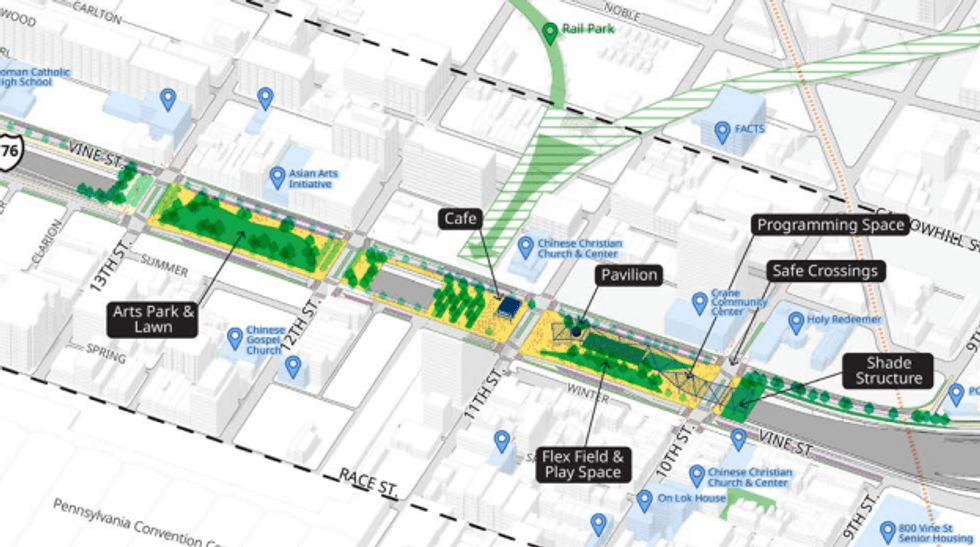 The design concept includes a two-block cap with traffic-calming and streetscape improvements.
