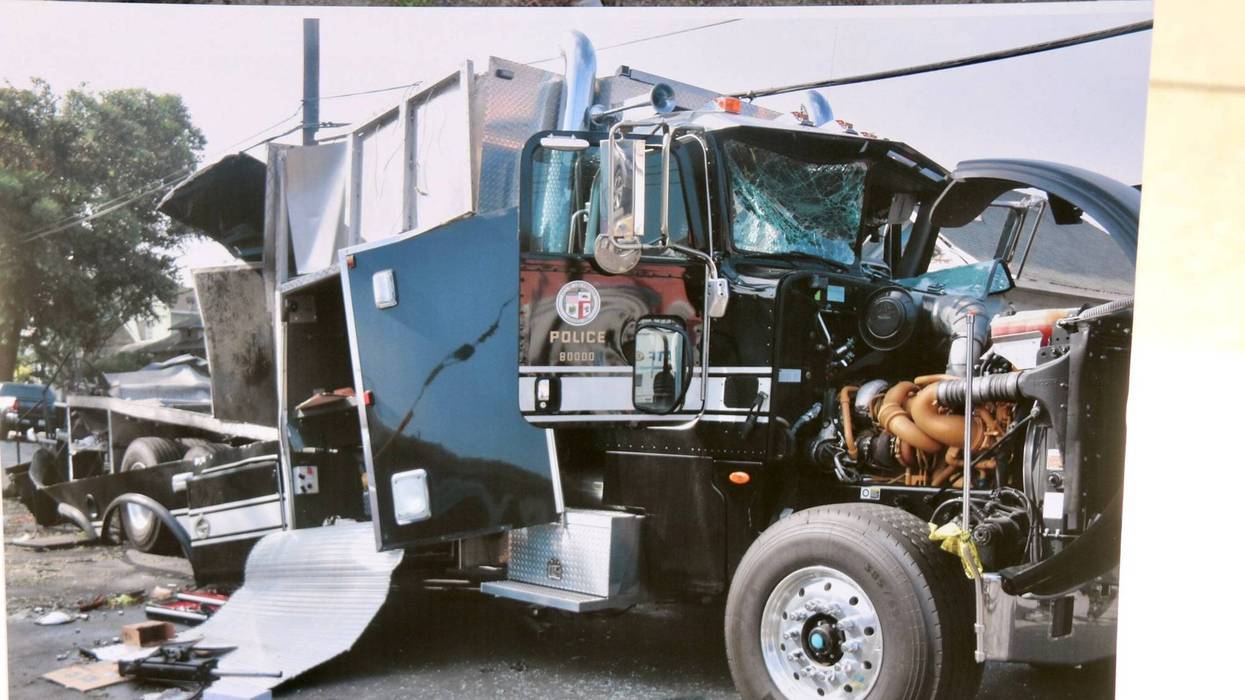The destroyed containment vehicle after the LAPD bomb squad's South LA detonation of seized fireworks on June 30.