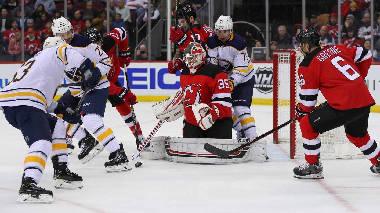 The Devils' Miles Wood celebrates his second-period goal against the Toronto Maple Leafs on April 5, 2018, at the Prudential Center.