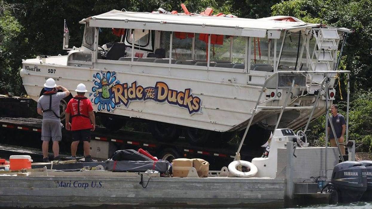 The duck boat is hauled out of the water on Monday, July 23, 2018, at Table Rock Lake in Branson, Mo.