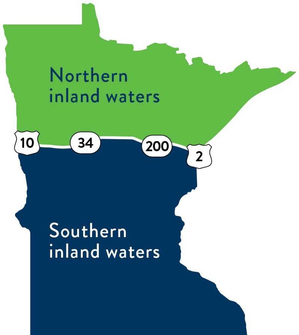 The east-west line of demarcation set by the DNR for removing ice houses from Minnesota lakes. Below the line, they must be removed by March 3. North of line, by March 17.