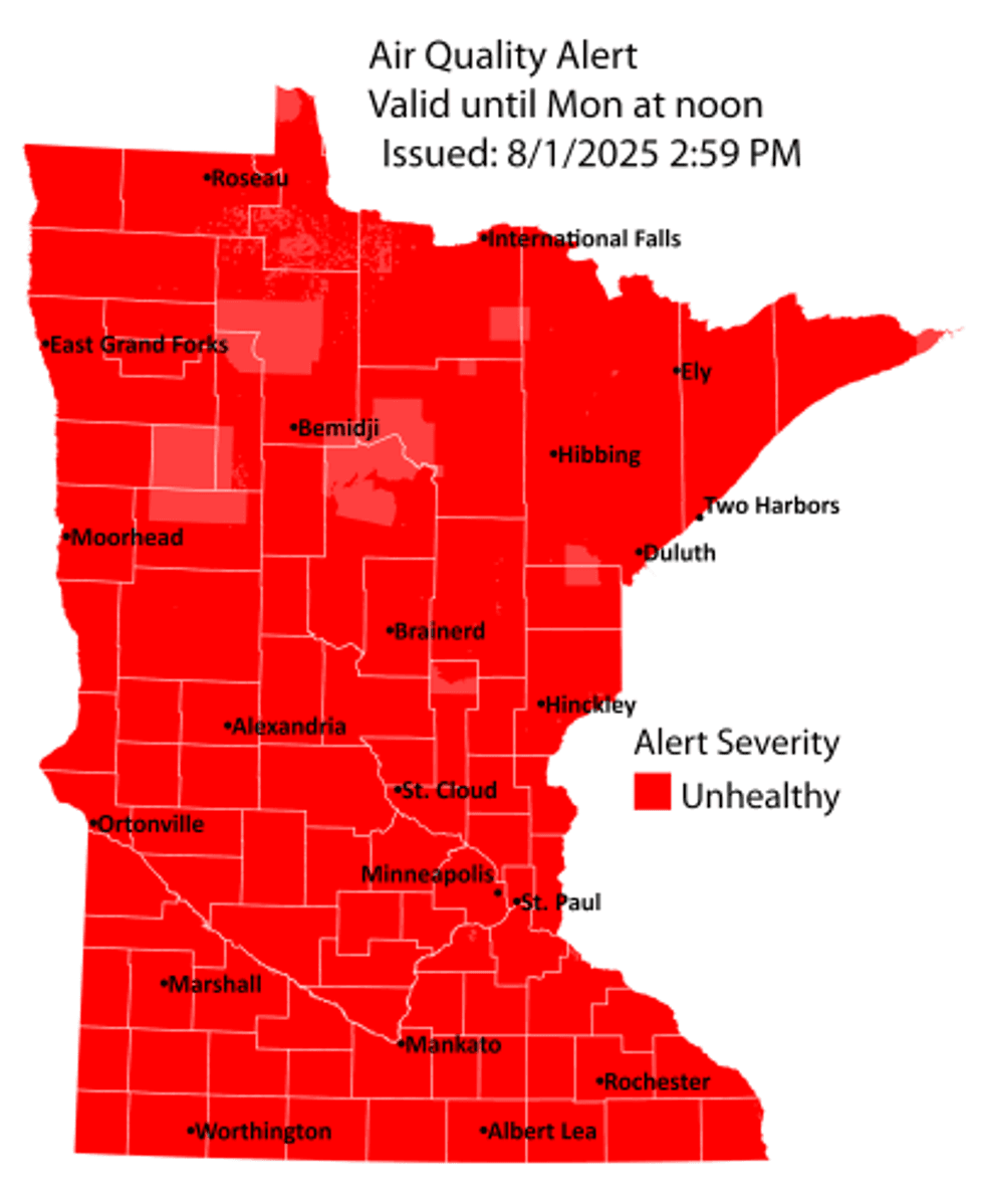 The entire state is under an "Unhealthy" Air Quality Alert through midday Monday.