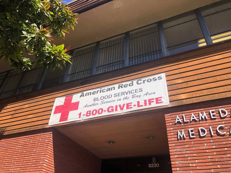 The entrance to an American Red Cross blood drive in Oakland.
