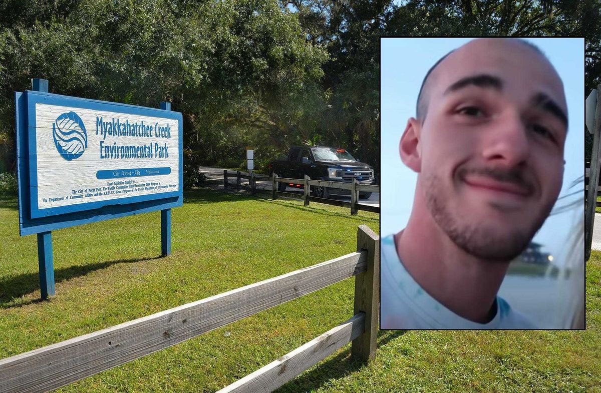 The entrance to the Myakkahatchee Creek Environmental Park in North Port, Florida, on Oct. 20, 2021. Brian Laundrie (inset)