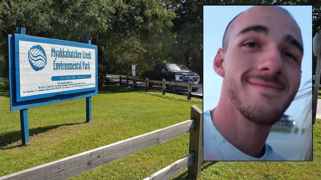 The entrance to the Myakkahatchee Creek Environmental Park in North Port, Florida, on Oct. 20, 2021. Brian Laundrie (inset)