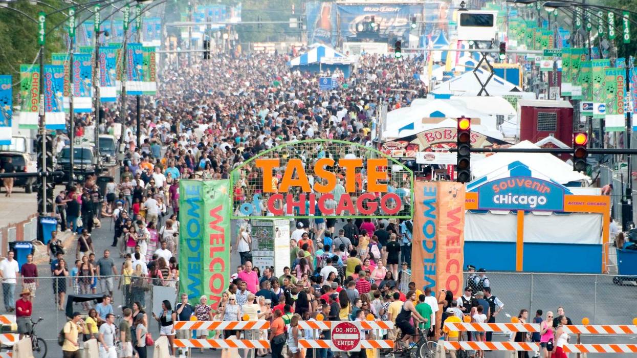 The entrance to the Taste of Chicago on the corner of Monroe and Columbus drive where patrons undergo a security check of bags by local police.