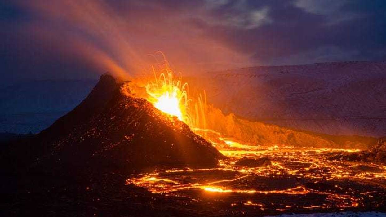 The eruption site of Geldingadalir in Fagradalsfjall mountain on the Reykjanes Peninsula in Iceland.