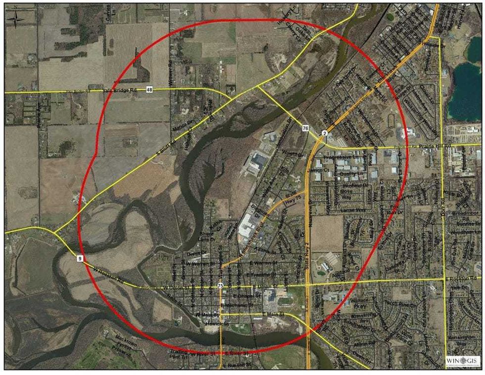 The evacuation area following a fire Monday at Chemtool Inc., 801 W. Rockton Road.