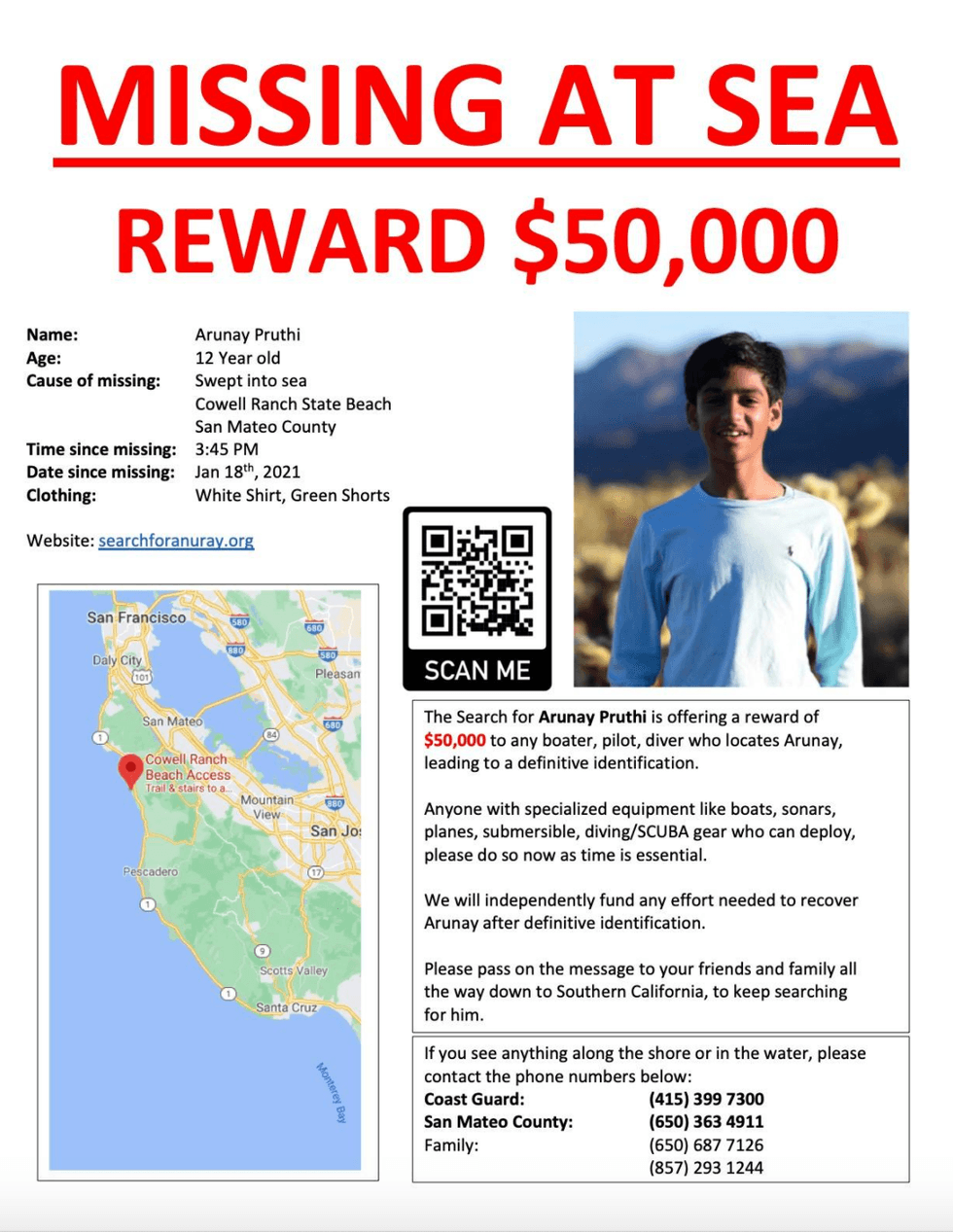 The family is offering $50,000 for help in finding the boy.