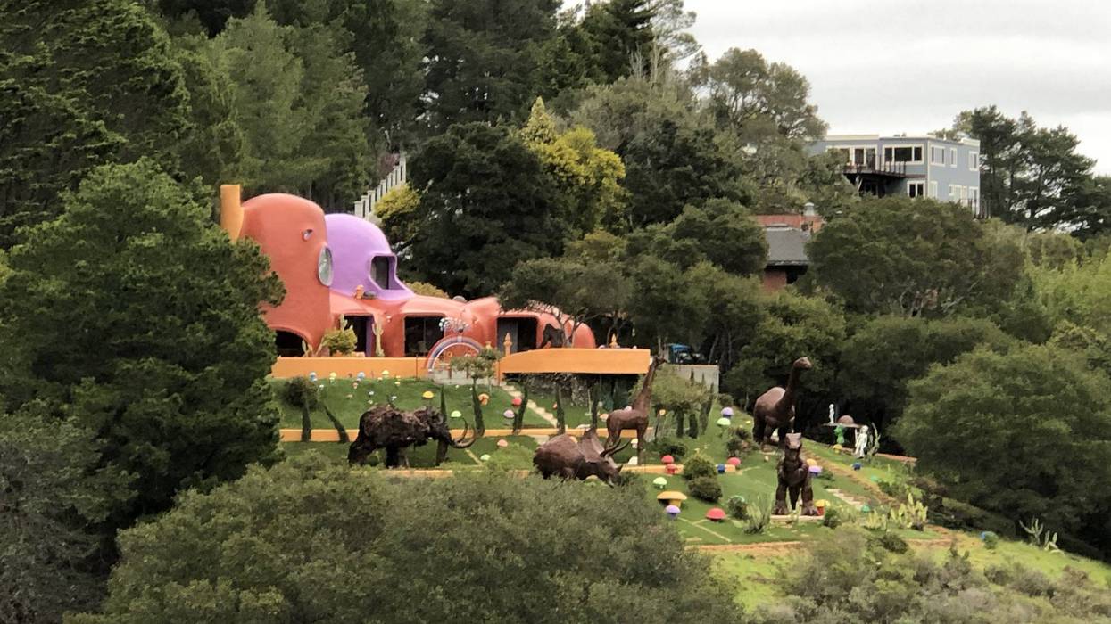 The famous so-called "Flintstones House" of Hillsborough as seen from I-280
