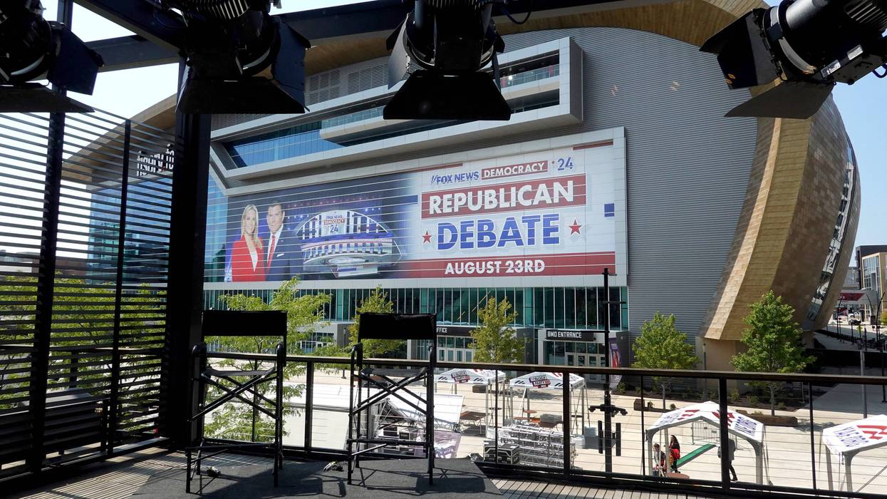 The Fiserv Forum is prepared for the Republican presidential debate on August 22, 2023 in Milwaukee, Wisconsin.