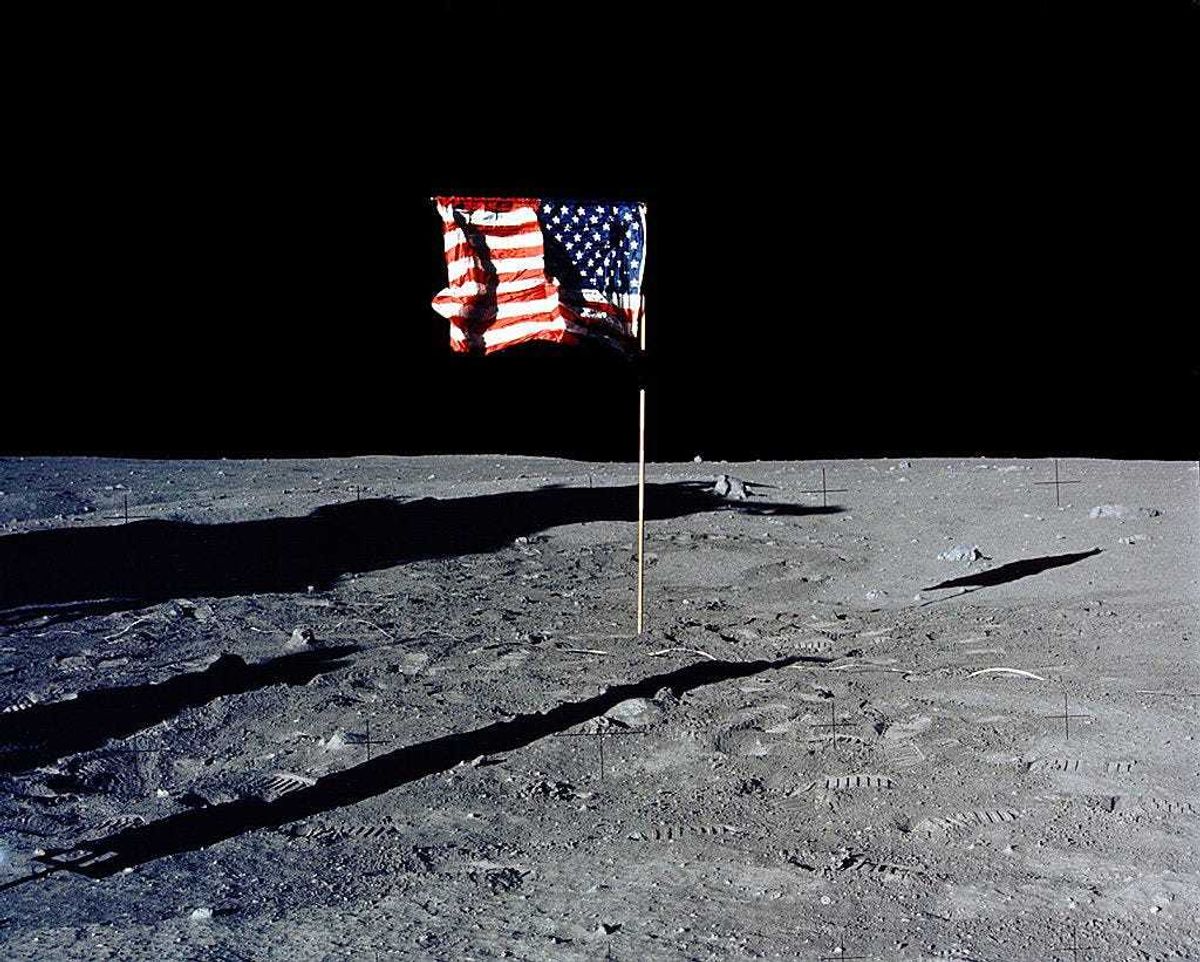 The flag of the United States stands alone on the surface of the moon. The 30th anniversary of the Apollo 11 Moon landing mission is celebrated July 20, 1999. (Photo by NASA/Newsmakers)
