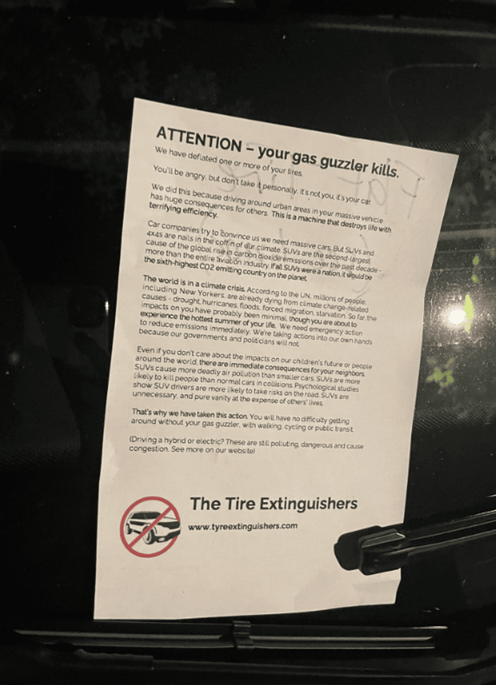 The flyer activists left on the windshields of the targeted cars.
