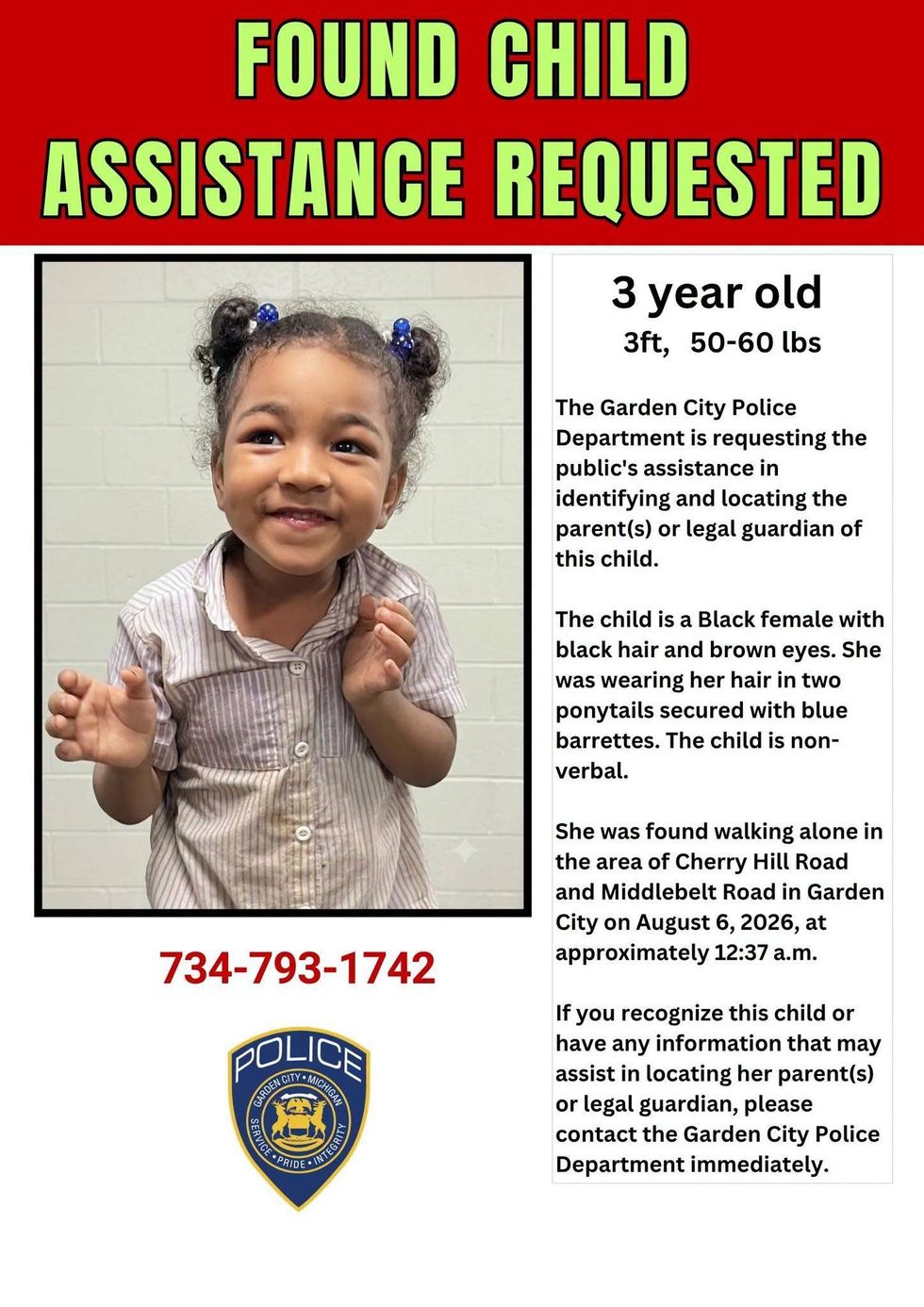 The flyer Garden City Police provided to help find the missing girl