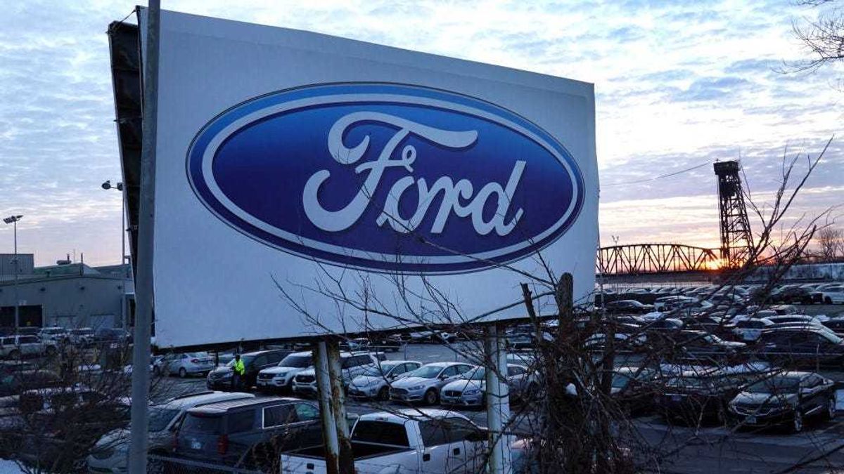 The Ford company logo is displayed on a sign outside of the Chicago Assembly Plant on February 03, 2021 in Chicago, Illinois.